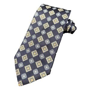 Allea Milano Men's Tie 100% Silk Geometric Navy Blue Gold Made in Italy EUC